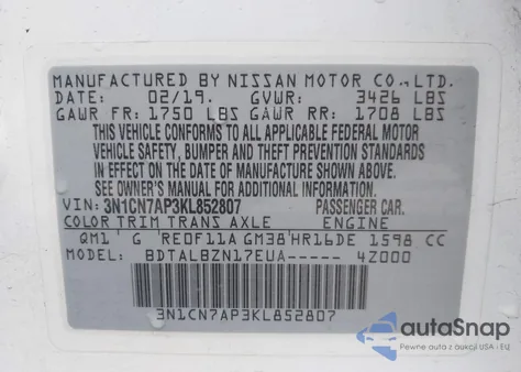 2019 Nissan Versa 1.6 Sv z USA, uszkodzony, nr VIN 3N1CN7AP3KL852807